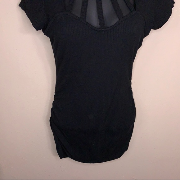 Y2K Small Candies Black Strappy Ribbed Short Sleeve Top Stretch Pinup Knit - Picture 4 of 13